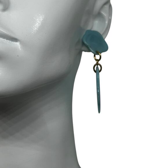 Vtg Aqua Blue Flower Drop Earring Post Back Gold Tone Marbled Acrylic Statement - Picture 2 of 8